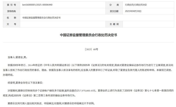 配资门户首页地址 证监会出手！夏德全操纵股票，被罚没5595万元